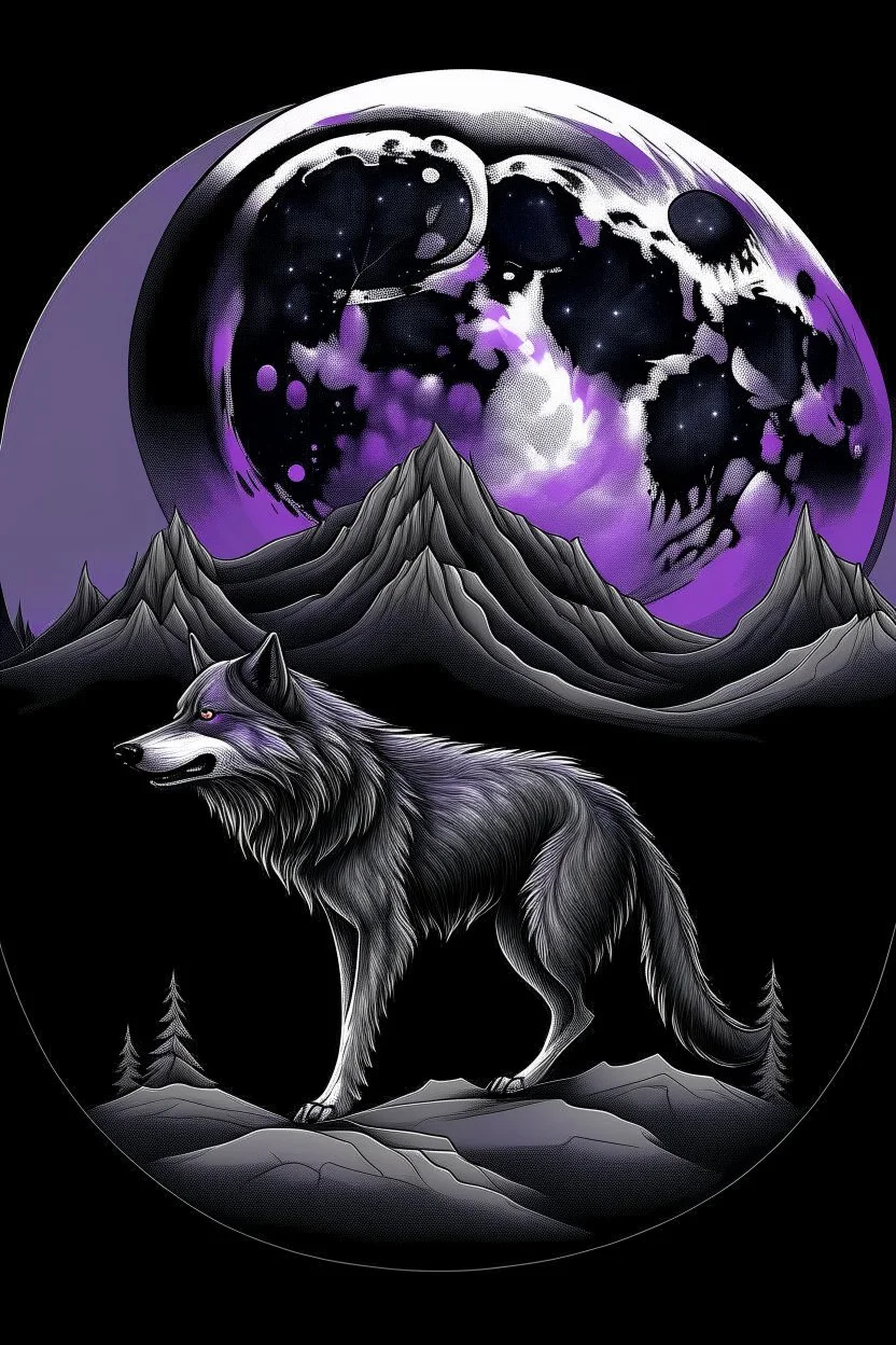 a big wolf behide , it purple and black mountains , with a moon in the sky