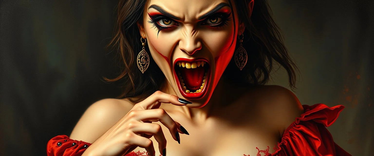 master oil painting by Rembrandt, good afternoon bitch scary hot seductive female vampire stylistic poster, in the style of pacman