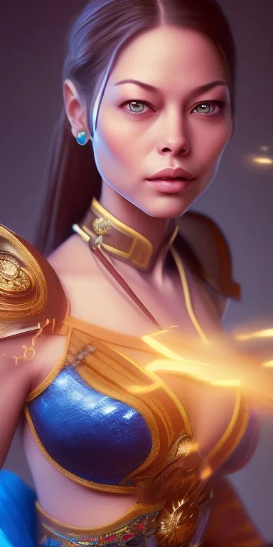 kristin kreuk face, street fighter chun li clothes, portrait busty and face, wearing blue dress, light effects, particles,