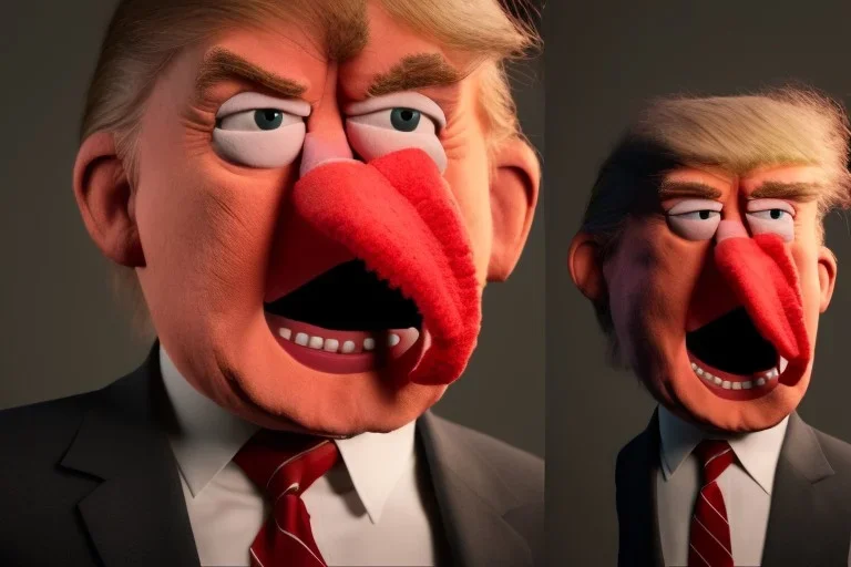 Angry muppet trump with no nose in suit, no tongue, looking forward, face, eyebrows