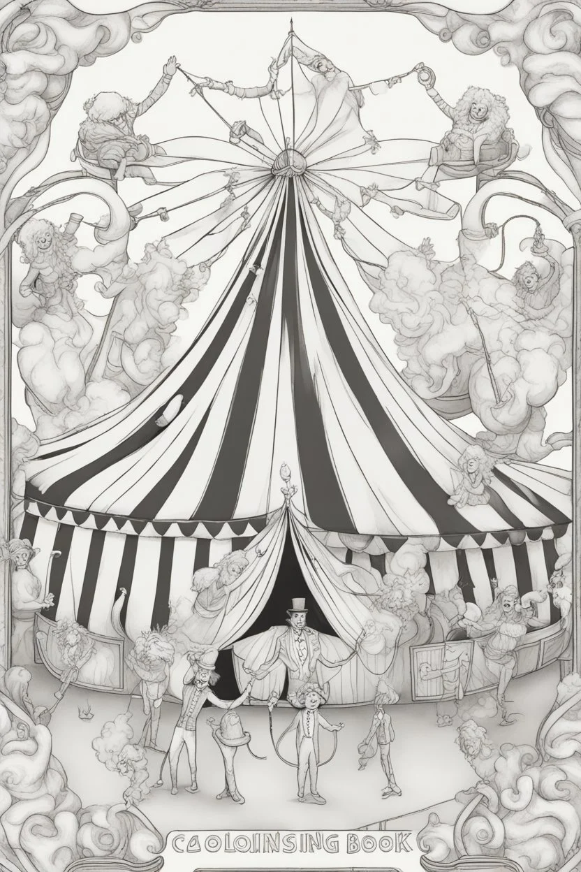 Coloring book page:: Circus: A whimsical illustration of a circus tent with acrobats, clowns, and a ringmaster:: high detail adult coloring book page thin black lines white background, 1 bit line art coloring book, only draw outlines, crisp, thick outlines, use up the entire screen, outline art, storybook illustration –no noise, book, logo, page, letters, words, markers, grayscale, –no black background –ar 3:4 –v 4