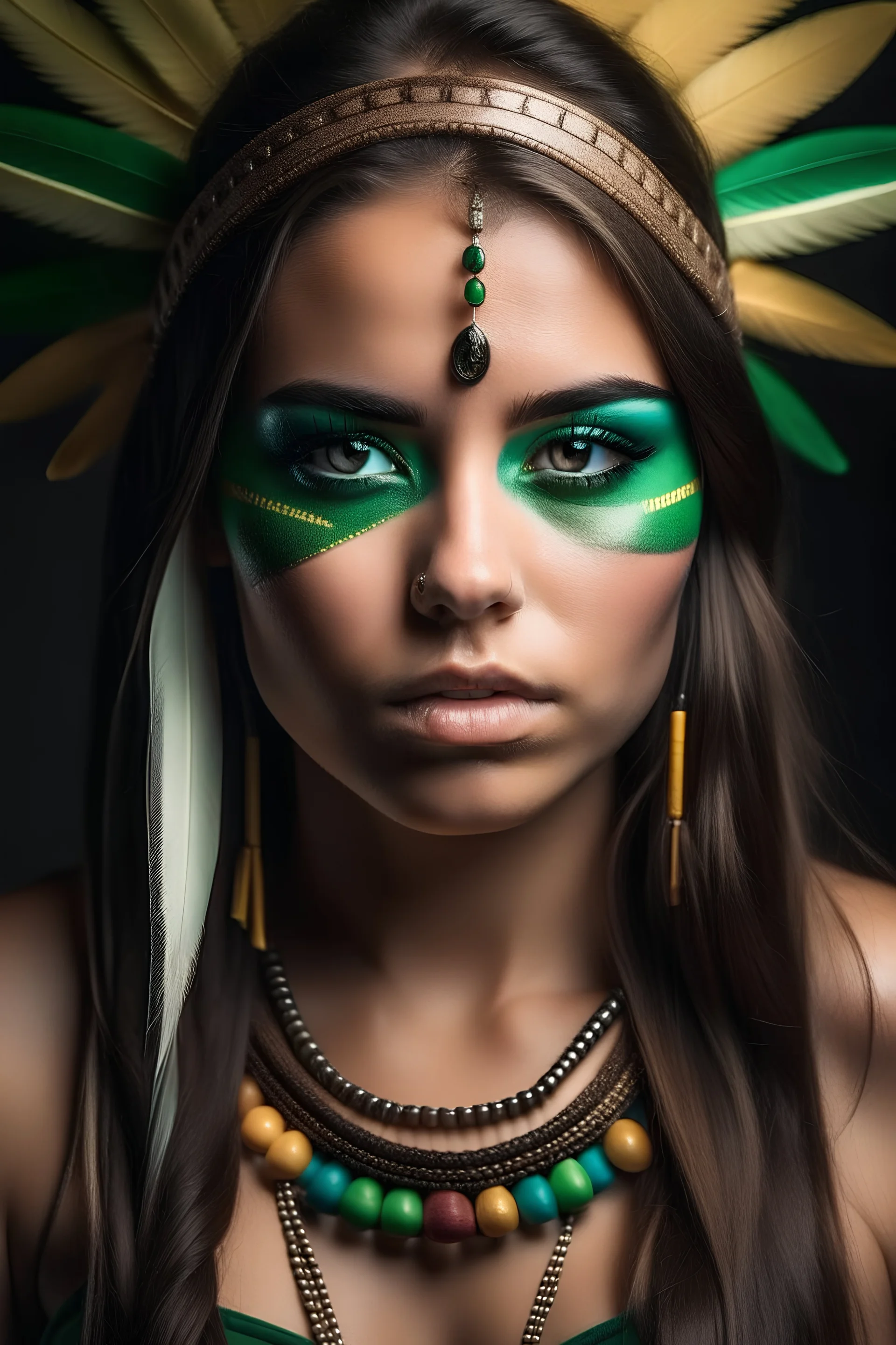 Beautiful girl with rainbow eyes, warrior, Native American, green and gold eyes, strong, sad, resilient, full body tough stance, photo-real