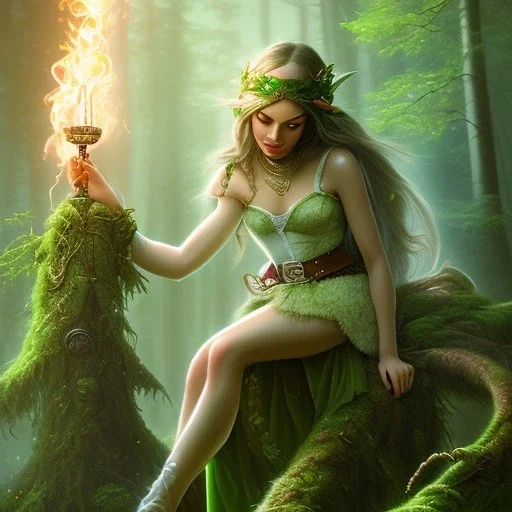 romantic fantasy spray painting, portrait of cute smiling green eyed robed elf poet with cute ornament,sitting on a branch, loosing torch in magical forest by waterfall