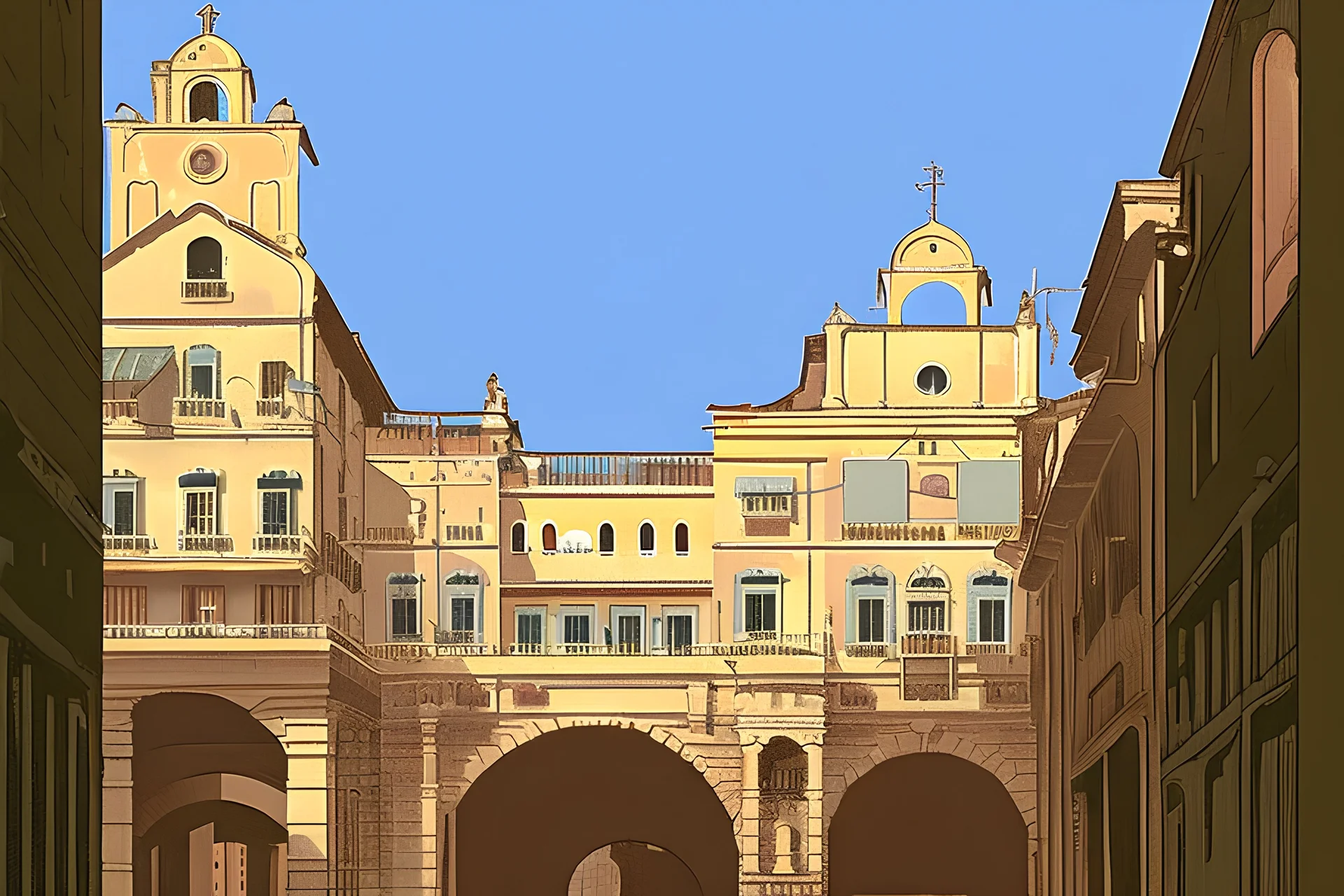 Atrani Sorrento Salerno Belle Epoque Jugendstil in ghibli style. Old 2d game Metal slug graphic style.