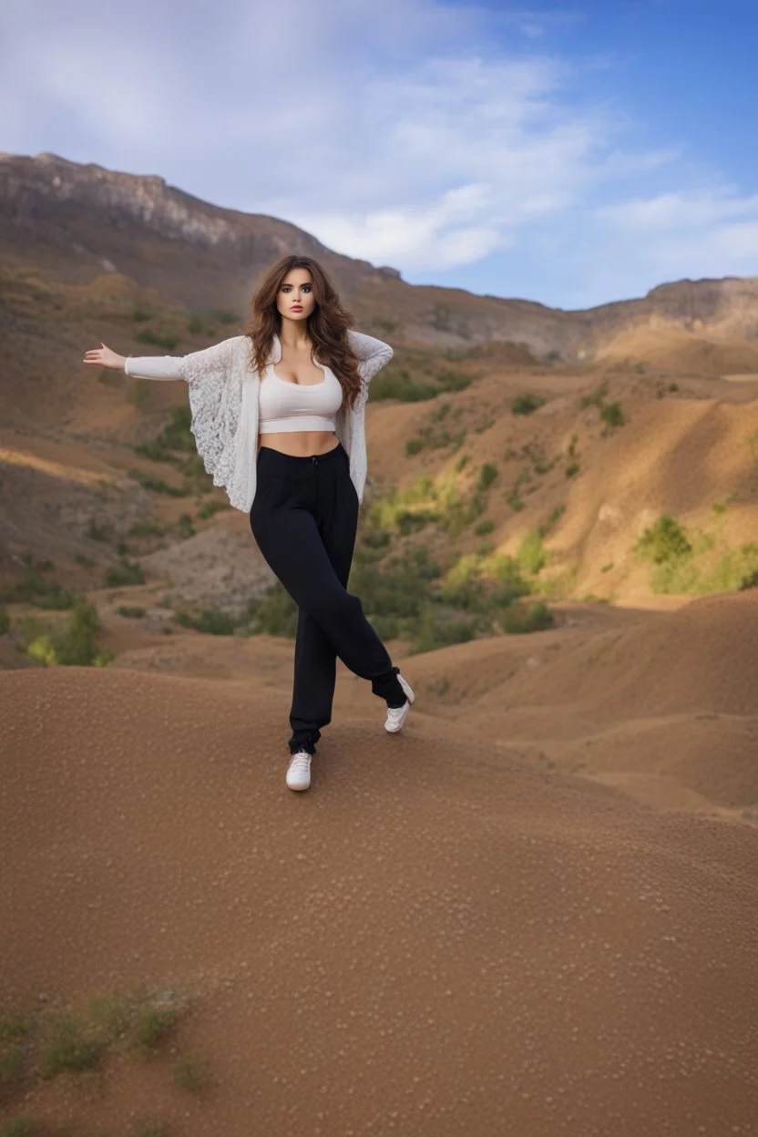 full body of very beautiful girl pants and jacket , curvy hair with lace scarf ,standing idle pose in studio pretty makeup,perfect face,sport shoes