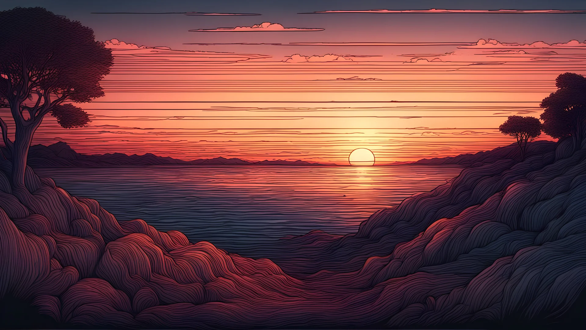 precise fine detailed LINE ART OF a sunset. AMAZE ME. Cinematic rgb lighting,