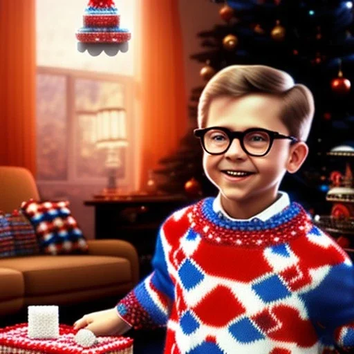 living room scene, ralphie peter billingsley glasses, boy in argyle sweater holding a (red soap bar)