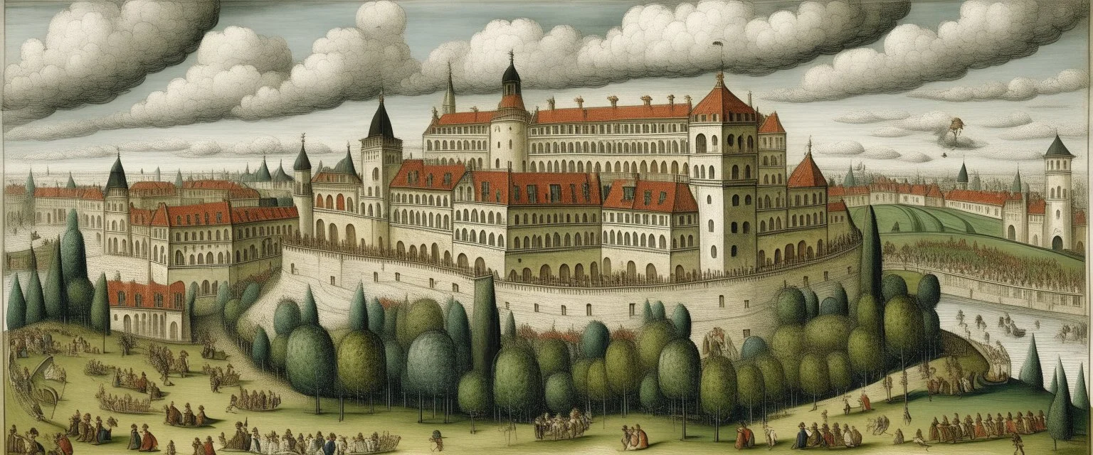 A white cloudy sky with a puffy palace painted by Pieter Bruegel the Elder
