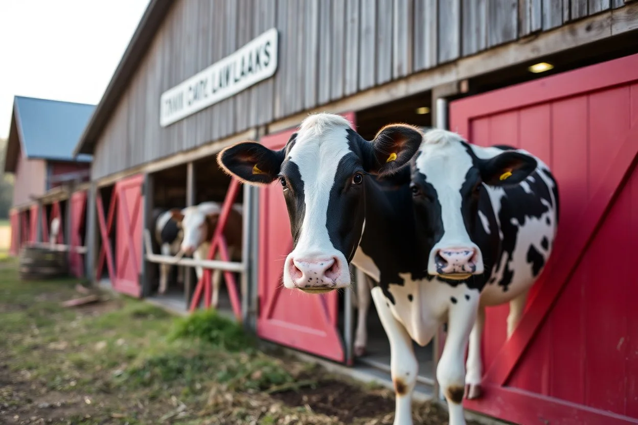 a Dairy barn, with one Holstein Cow in front