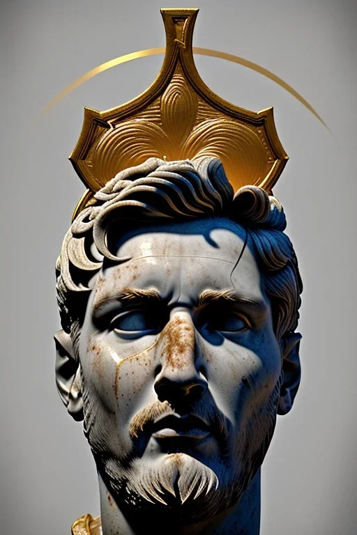 Ultra Realistic image, Roman sculpture, white marble material, Lionel Messi, gold Laurel leaves wreath, renaissance ornaments, one gold star in heart, chisel style, waist up portrait, epic, celestial, cinematic lighting, God light, god rays, 4k resolution, smooth details, ornate details, soft lighting, unreal engine 5, artstation, marble background.