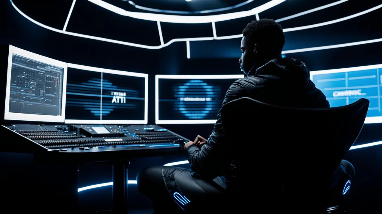 a human silhouette sits in a black film producer's chair in a futuristic studio, the inscription capture white sharp word text on the back of the chair "Atti", around and front many big hd monitors with prompts cods, blue lines, blue neon light, windows, Professional photography, canon lens, shot on dslr 64 megapixels, sharp, cinematic