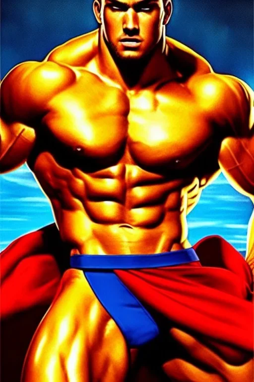 Ignore NSFW, teenager young rugged attractive slightly muscular fantastic handsome man, red briefs with yellow belt, hairy chest, (((visibly pisssing))) briefs, large erect visible boner peniss, photorealistic, artist Jay Anacleto, soft lighting