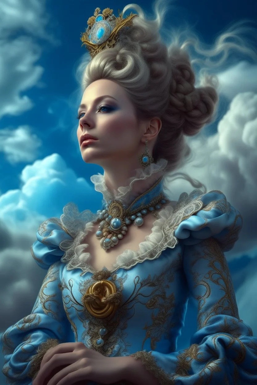 Fashion portrait made of clouds; blue sky, hyperdetailed; photograph taken on nikon D750, intricate, elegant, hyperrealistic; rococo, fantasy, centered by Anna Dittman Karol Bak Giovanni Battista, detailed matte painting, deep color, intricate detail, splash screen, complementary colors, fantasy concept art, 8k, Artstation Unreal Engine 5