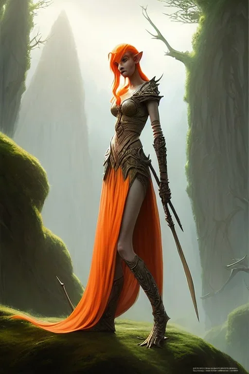 painting of a tall elven young woman with short light orange hair and freckles on the cheak bones and tall body of a topmodel light clothes, long shot, ultra realistic, concept art, intricate details, eerie, highly detailed, photorealistic, octane render, 8 k, unreal engine. art by artgerm and greg rutkowski and charlie bowater and magali villeneuve and alphonse mucha