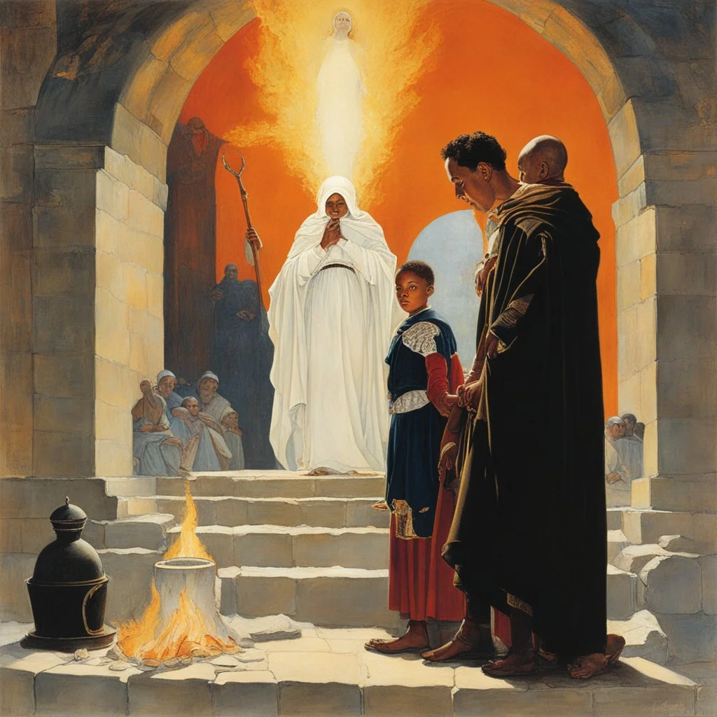 [art by Norman Rockwell] With newfound determination burning in his eyes, Roupinho stepped back, his gaze lingering on the statue of the Black Madonna. Leaving the grotto, Roupinho emerged into the world, his heart aflame with the divine spark that had been ignited within him. And so, the knight set forth on his sacred quest, his destiny intertwined with the miraculous presence of the Black Madonna of Nazaré. The echoes of his pledge reverberated through the hallowed halls of his soul, ignitin