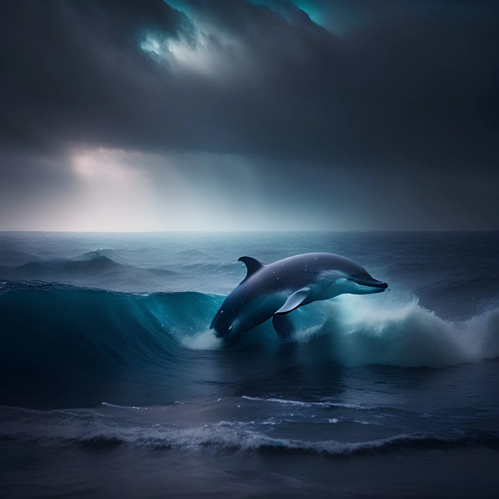 Gorgeous dolphin on high dark ocean waves with dark vapor and fog