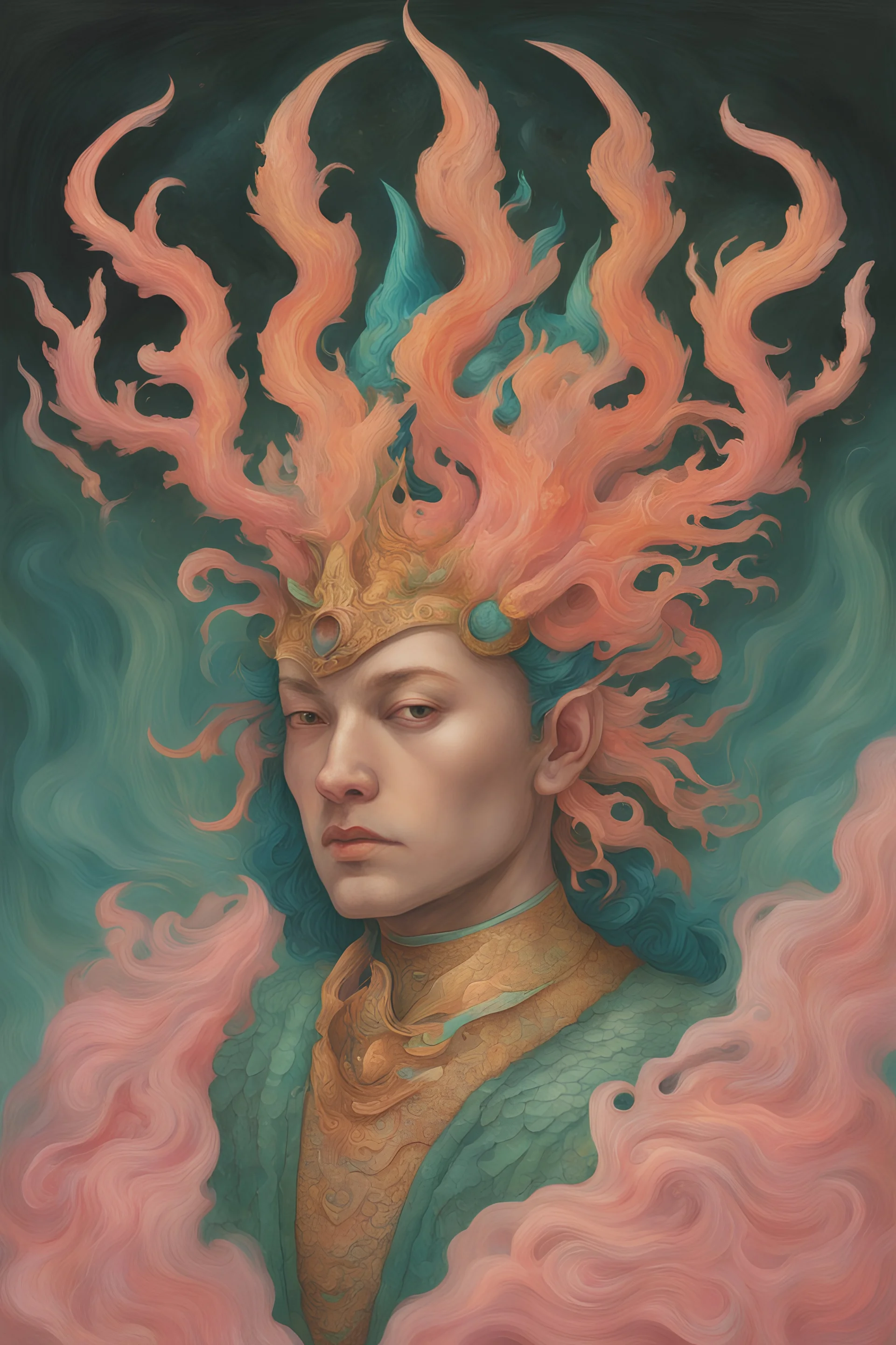 A fish-like man with orange and gold fins, pink coral coming out from his head like a crown, green flowing hair, teal skin, and dawning armor made by a goddess