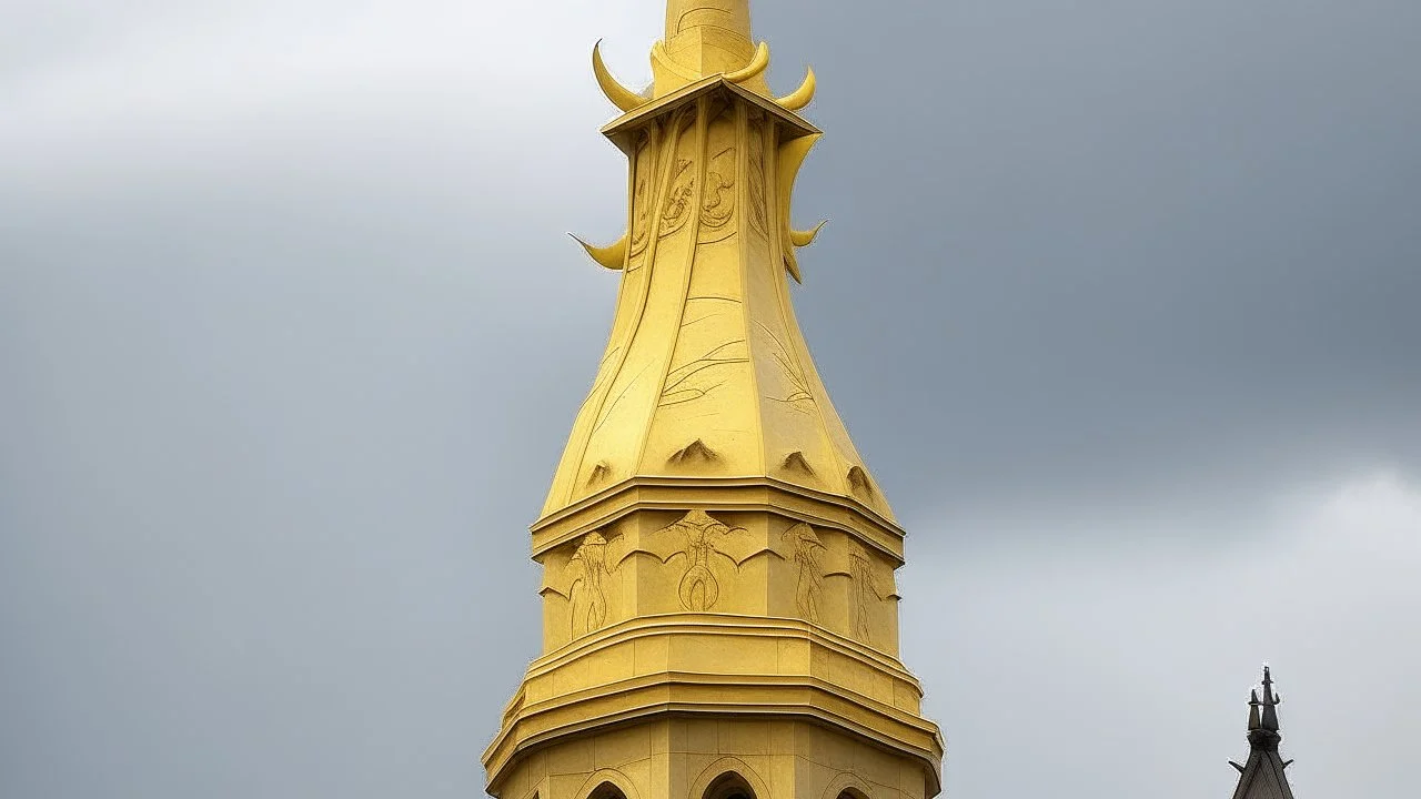 A light yellow spire with lightning designed in ancient Egyptian architectures and sculptures painted by Cai Jia