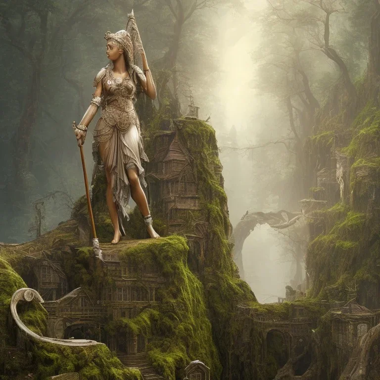 only one statue goddess athena abandoned of stone inner between moutain, wide, swamp, water, glass, fog, highly realistic, highly detailed, intricate, 8k