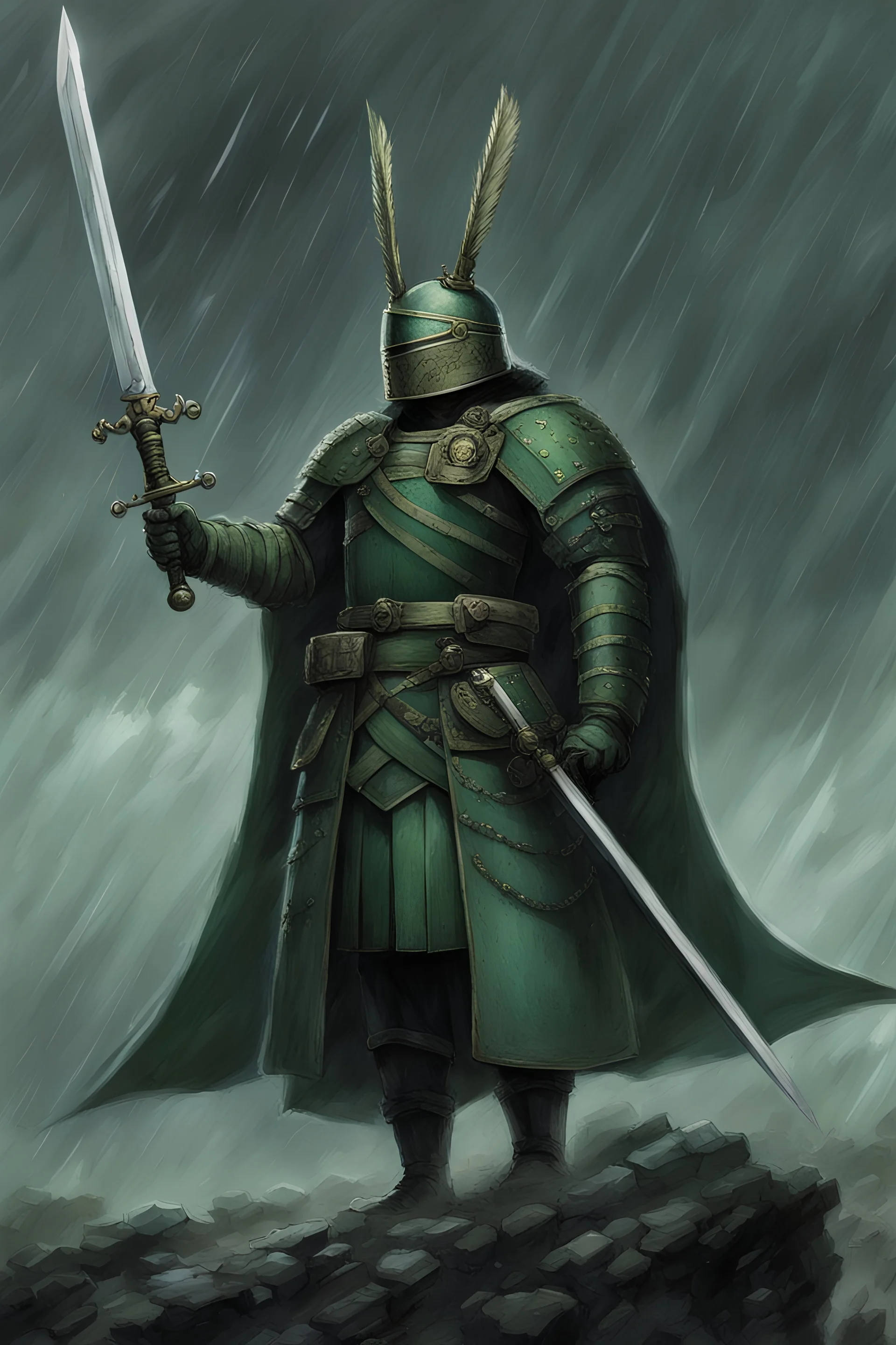 a heroic humanoid green cactus, wearing a prussian uniform, wielding a curved sword, standing on top of a hill on a battlefield, giving orders, during a thunderstorm