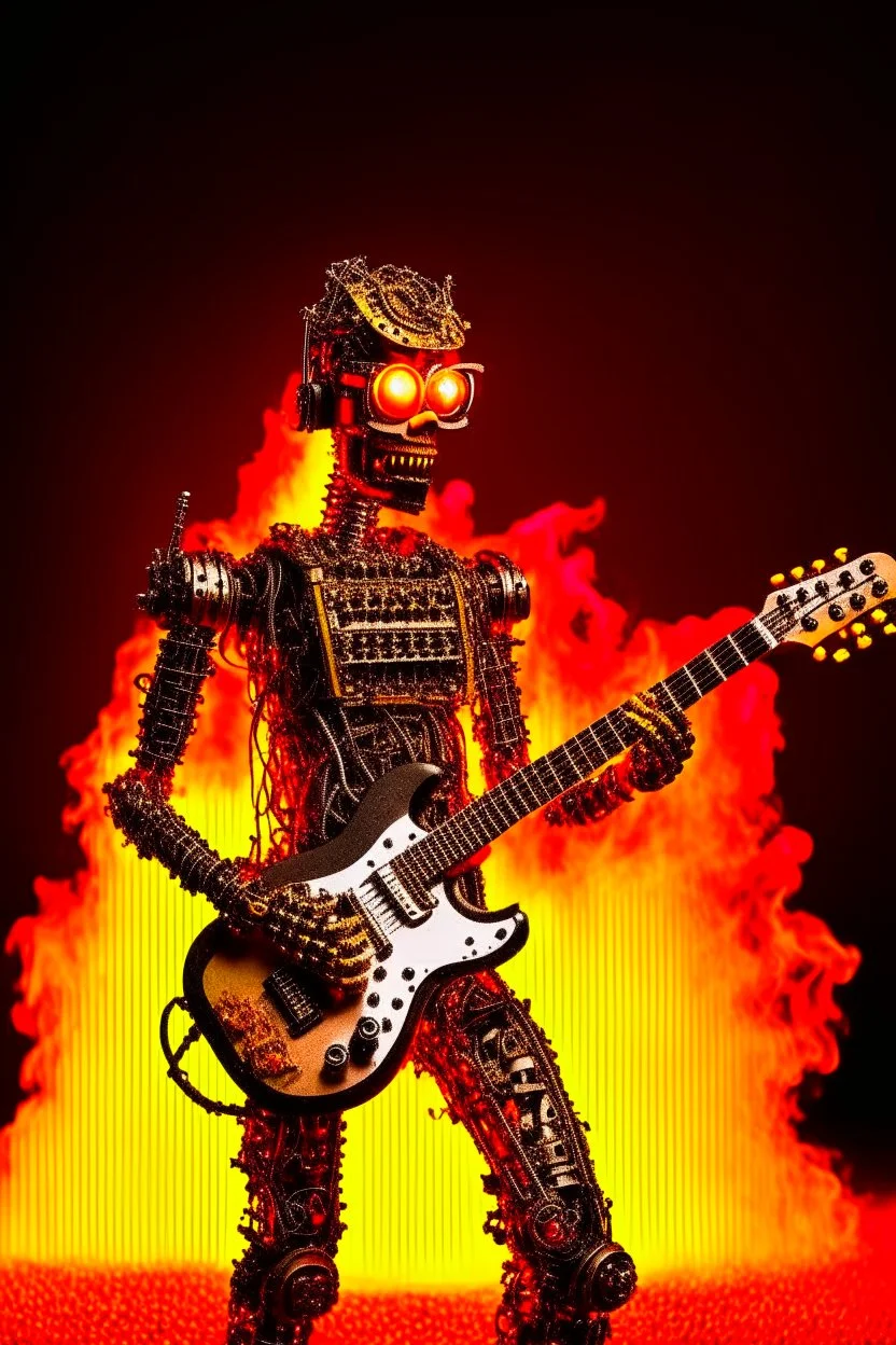 Firestarter robot terminator hardrock with a guitar. Seems angry against humans. Flames all around