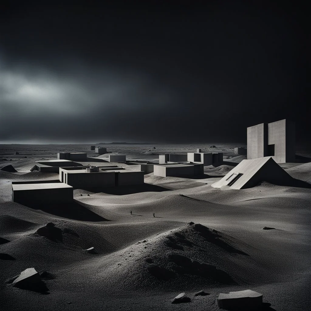 Photograph of odd brutalist buildings scattered over a wasteland, powder, night, people, nothingness, nightmare, minimalist, details of the terrain very accentuated, 8k, deep 3d field, sharp, eerily mysterious, artistic photo, large format film, fotograph by Yves Tanguy, scenography by René Magritte, hasselblad h6d400c --ar 85:128 --v 6.0