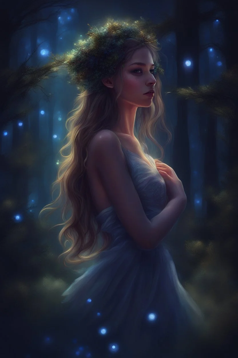 Painting of a dream girl in a fantasy forest, small glitter lights in the forest space, digital painting, fantasy painting, dancing girl, song, fantasy art, fantasy girl, beautiful girl, beautiful face, 25 years old, beautiful painting, forest In the background, dark night, glitter in the background, fantasy forest, haunted forest