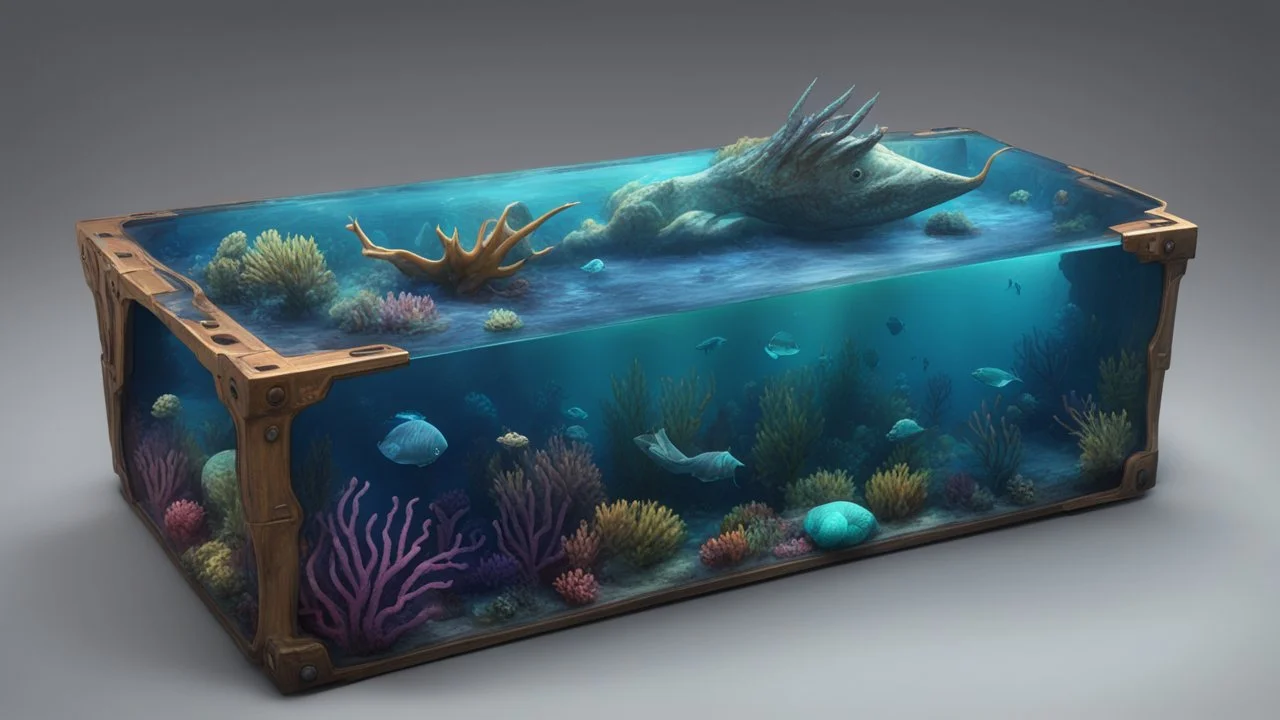 a box 10 cm long by 5 cm wide and 25 cm high, from subnautica drown on a box, sea animals, leviathan, dark colours