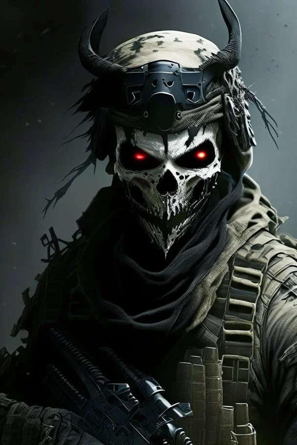 A soldier in the game modern warfare, he wears a skull mask with horns that covers his eyes. The lower half of his face is covered by a mask with a bloody fanged grin. He is a sniper, but can also run point. His call sign is Wraith. Couple