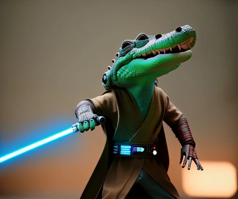 Star wars animation, crocodilian, frills, samurai robe, holding lightsaber, hands, wrist gauntlets