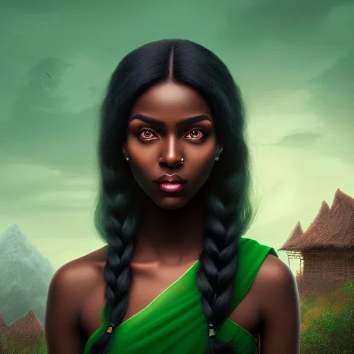 fantasy setting, woman, peau sombre, indienne, cheveux noirs avec une mèche verte, ranger