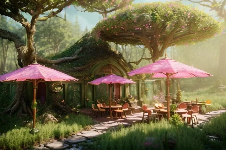 Magical fantasy elven cafe forest lord of the ring rivendell tree flower pink green yellow