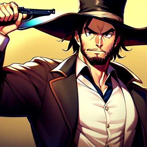 Bearded, gunslinger, short brown hair, serious eyes, wild west Coat, serious