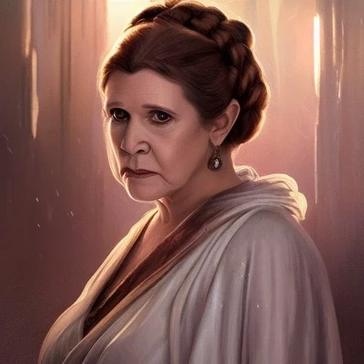 [[Carrie Fisher as Princess Leia]] :: [[photorealistic brown eyes, short hair, head and shoulders portrait, 8k resolution concept art portrait by Greg Rutkowski, Artgerm, WLOP, Alphonse Mucha, dynamic lighting, hyperdetailed, intricately detailed, trending on Artstation, triadic colors, Unreal Engine 5, volumetric lighting]]