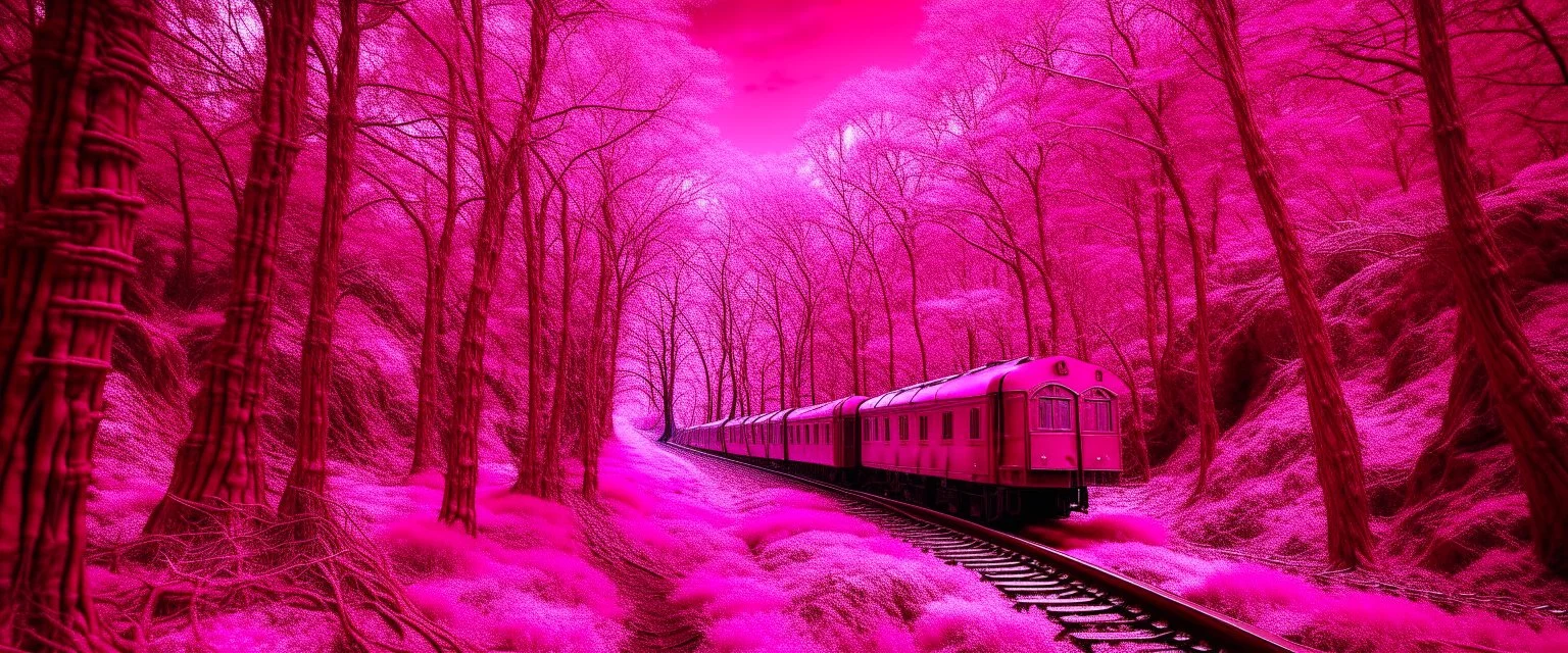 A pinkish purple and reddish magenta forest with a train designed in cave paintings painted by Jackson Pollock