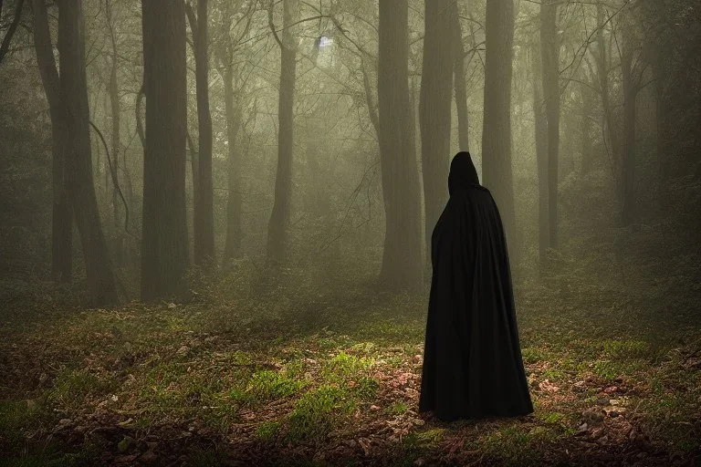 dark robed figure in forest, highly detailed, 8k, atmospheric lighting, trending on artstation