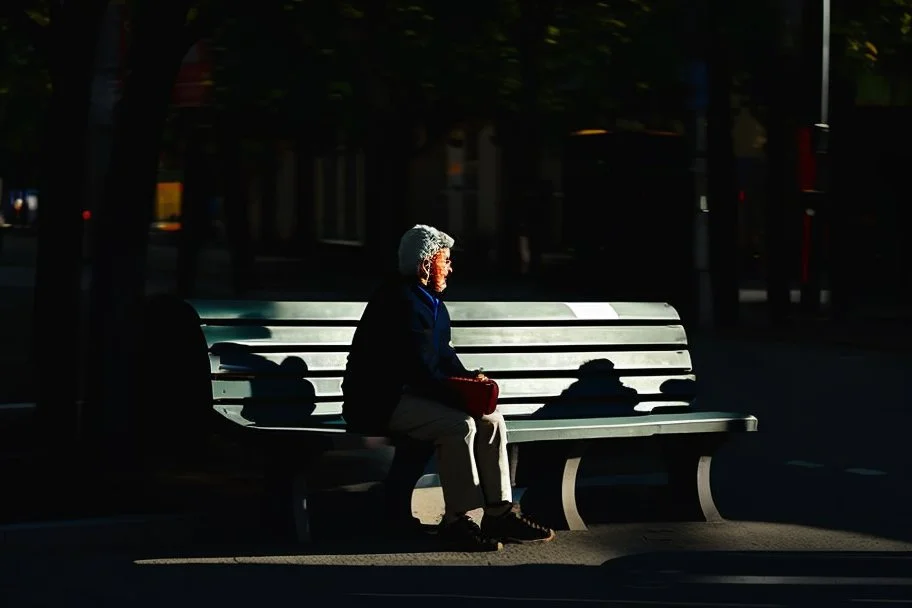 man sitting on a bench in the street