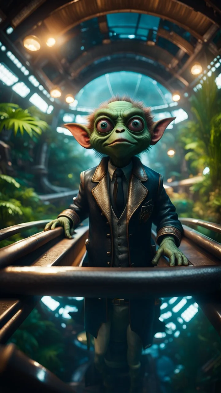 fish-eye of furry hairy pimp rocker priest alien gremlin on boat bridge over water slide in dark lit reflective wet jungle metallic hall dome hotel tunnel, in the style of fallout 4 game,bokeh like f/0.8, tilt-shift lens 8k, high detail, smooth render, down-light, unreal engine, prize winning