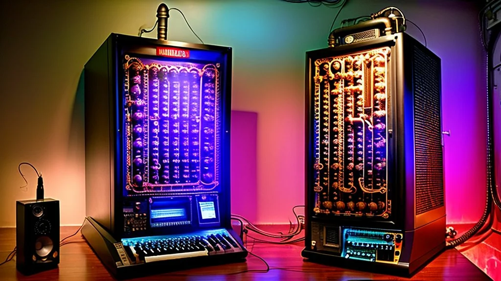 steampunk Univac large computer with a visible vat with a human brain as its CPU, below it, components connected with plumbing, a large CRT monitor and a keyboard visible,a picture of a dark, comedic, anatomically correct wall of colorful tightly packed stacked cyborg skulls of varying sizes and expressions, photo realistic, insanely meticulous, highly detailed, part of a collection of bones on display, 64k, dystopian, vray