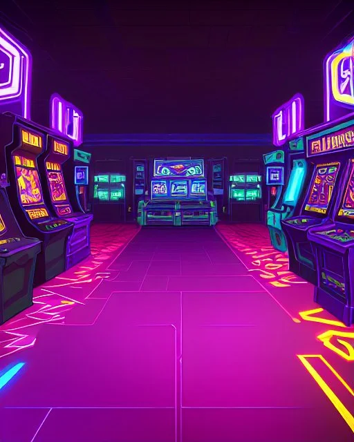 A dark photo of a full panoramic view an 80's aesthetics arcade at night, with a lot of functioning arcade machines, a vaporwave floor and some colorful tiles in between the floor. Purple aesthetics.