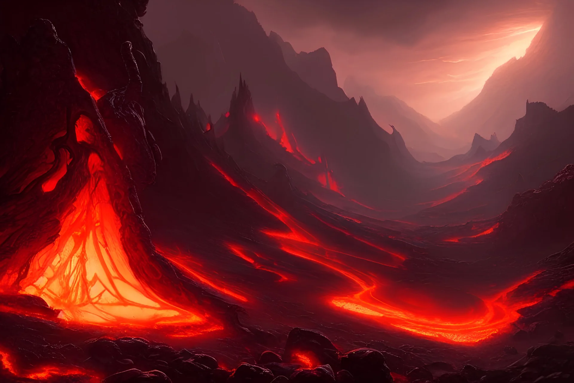 intricate details, Extradimensional, greg rutkowski style, tom bradshaw style, Asher Brown Durand style, fantasy hellscape hell fire lava volcano raining fire