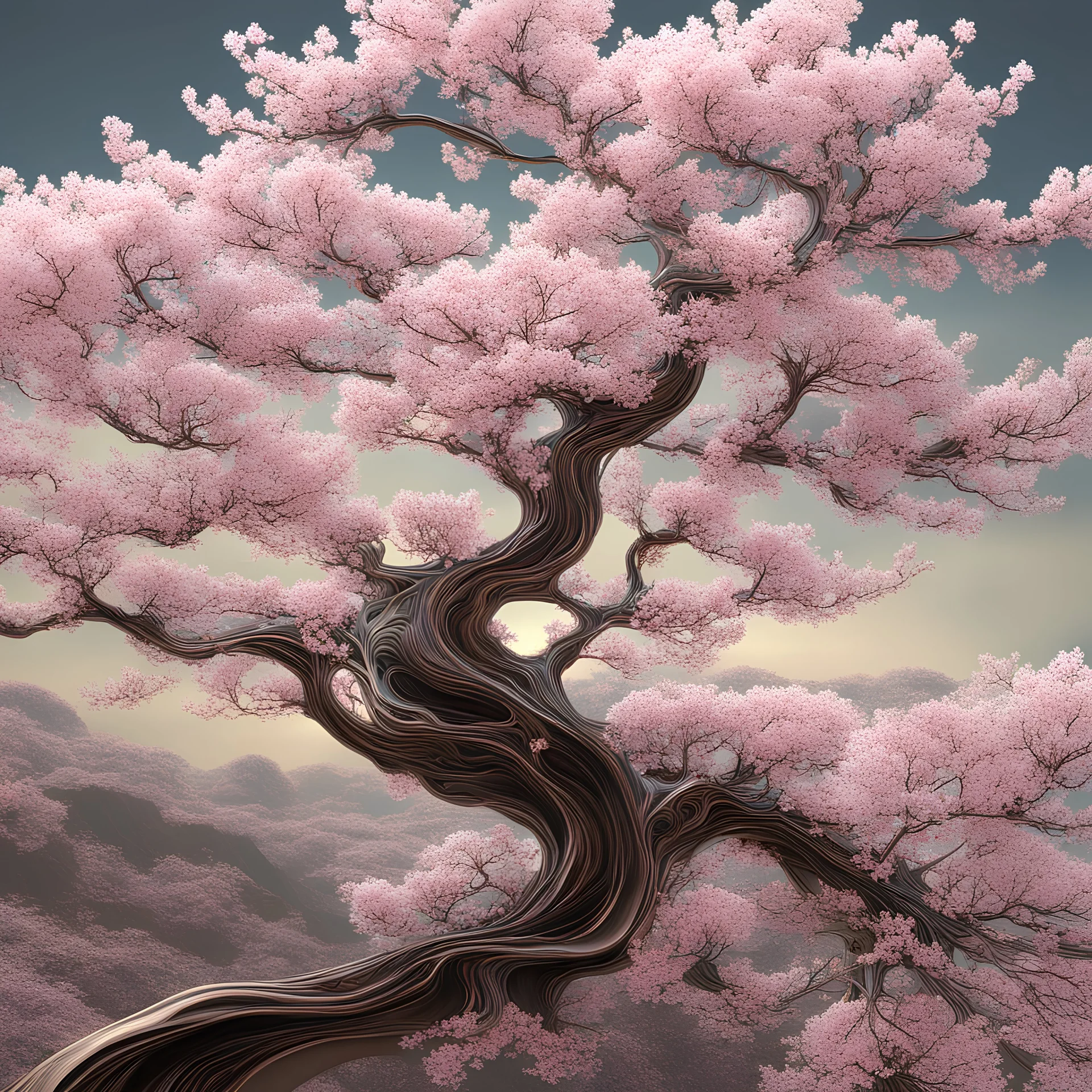 [fractal art: Mandelbulb 3d] The cherry blossom branches would be depicted with thin and graceful lines, capturing their natural flow and organic structure. The branches may have a slightly wavy or curved appearance, giving them a more realistic and dynamic feel.Buds can be included alongside the fully bloomed flowers, showcasing the different stages of the cherry blossom's life cycle. These buds can be depicted as small, rounded shapes, often positioned close to the main flower or scattered alo