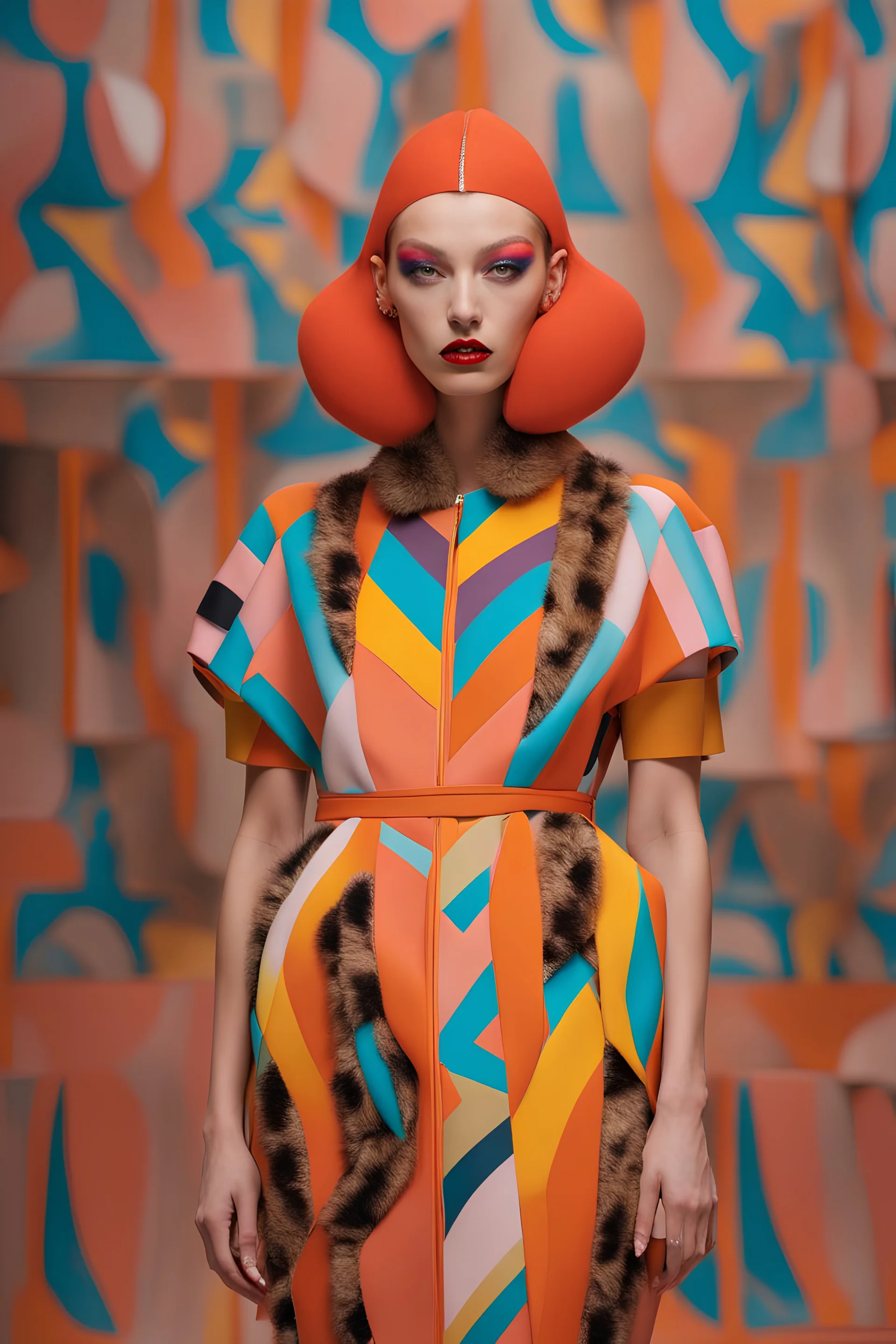 Fashion model full view in a colorful costume at milan fashion week show, in the style of retro grotesque, kawaii aesthetic, pop inspo, inspired by 50s ::9 Fashion photography, fabric print Gareth Pugh Style, oversized portraits, multi – layered, terracotta