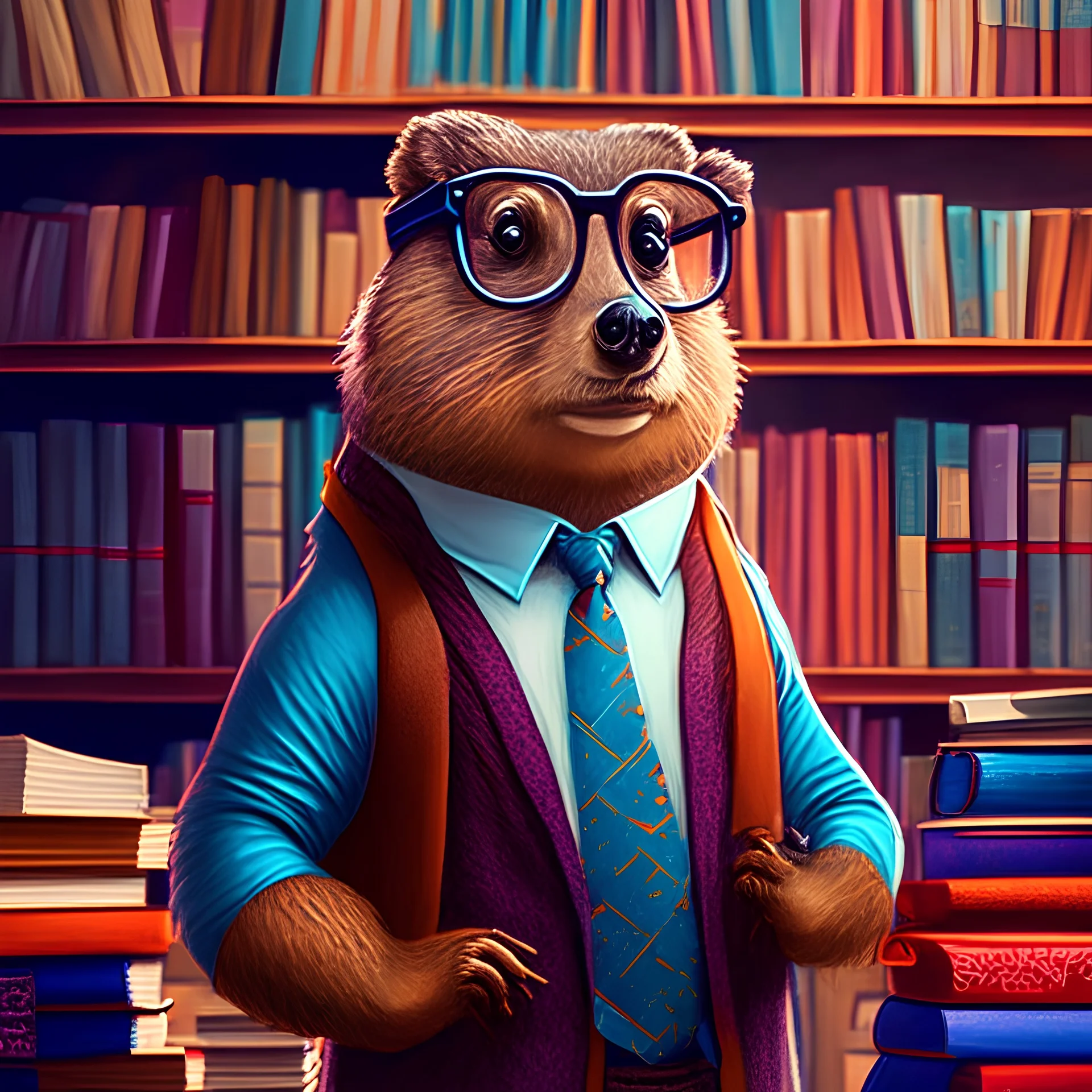 a photograph of a dignified beaver wearing glasses wearing gafas wearing glasses, a vest, and colorful neck tie. He stands next to a tall stack of books in a library