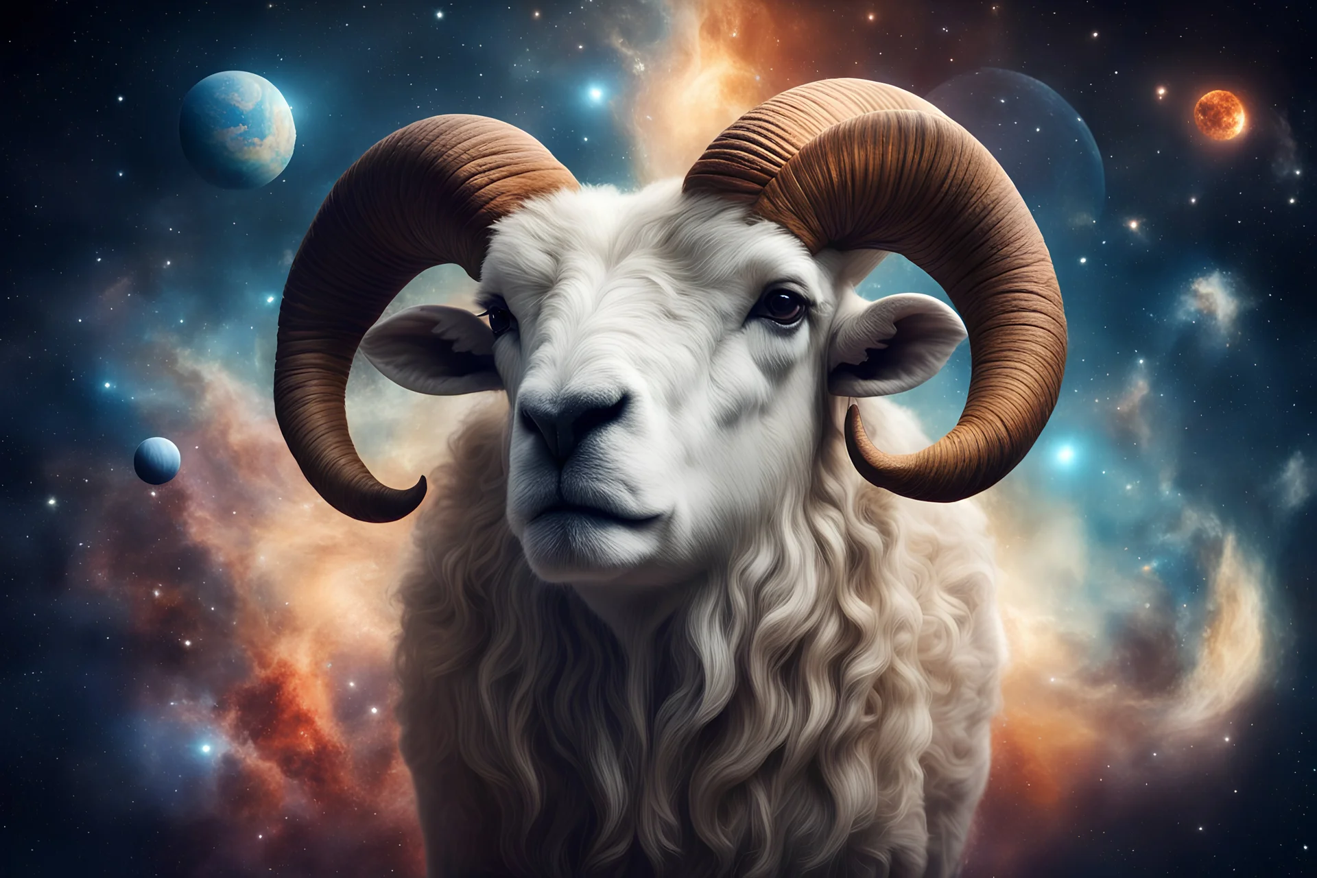 Ares the Ram in a cosmological background, with stars and planets, HD, centred image, in focus, no deformity