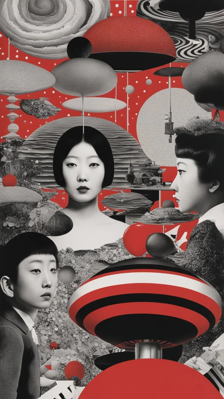 surreal collage art crafted from vintage Japanese magazines poster Novell , art composition by kusama, sci-fi elements , Alice's Wonderland, black and white and deep red