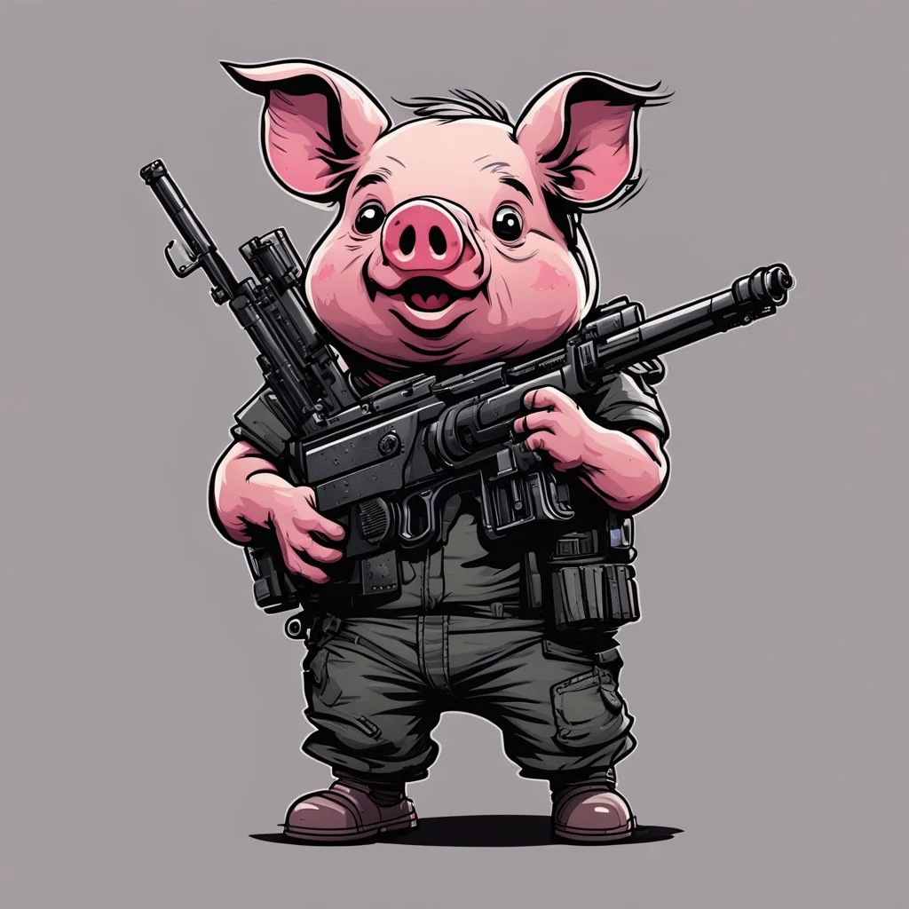 Little pig armed with a machine gun, cartoon style, walking dead style, vivid and dark colors, transparent background, 32k UHD,