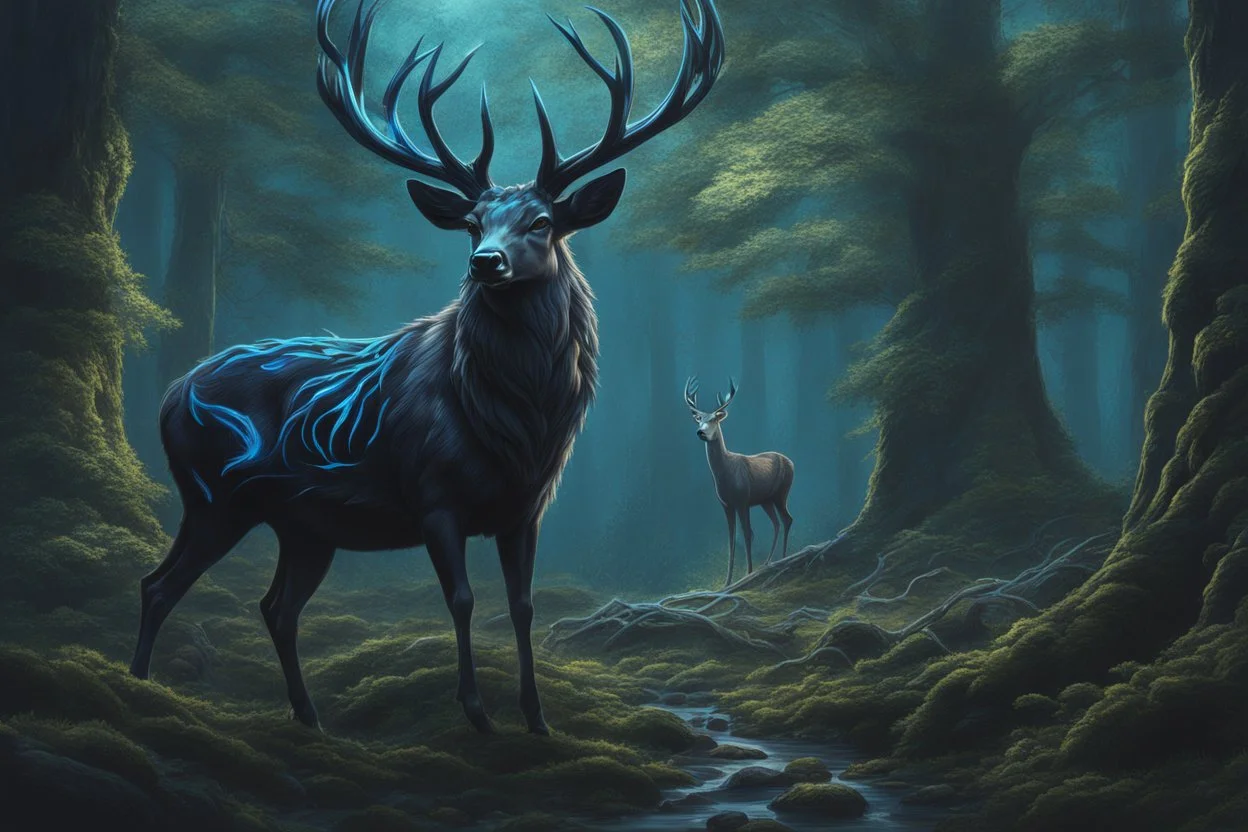 Beast Shadow symbiote in 8k realistic anime drawing style, Deer them, human model,blue neon crystal antlers deer, fantasy forest, intricate details, highly detailed, high details, detailed portrait, masterpiece,ultra detailed, ultra quality
