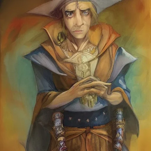 dungeons and dragons, elf, pointy ears, wizard, magician's robe, wizard hat, portrait, face, watercolour, large strokes