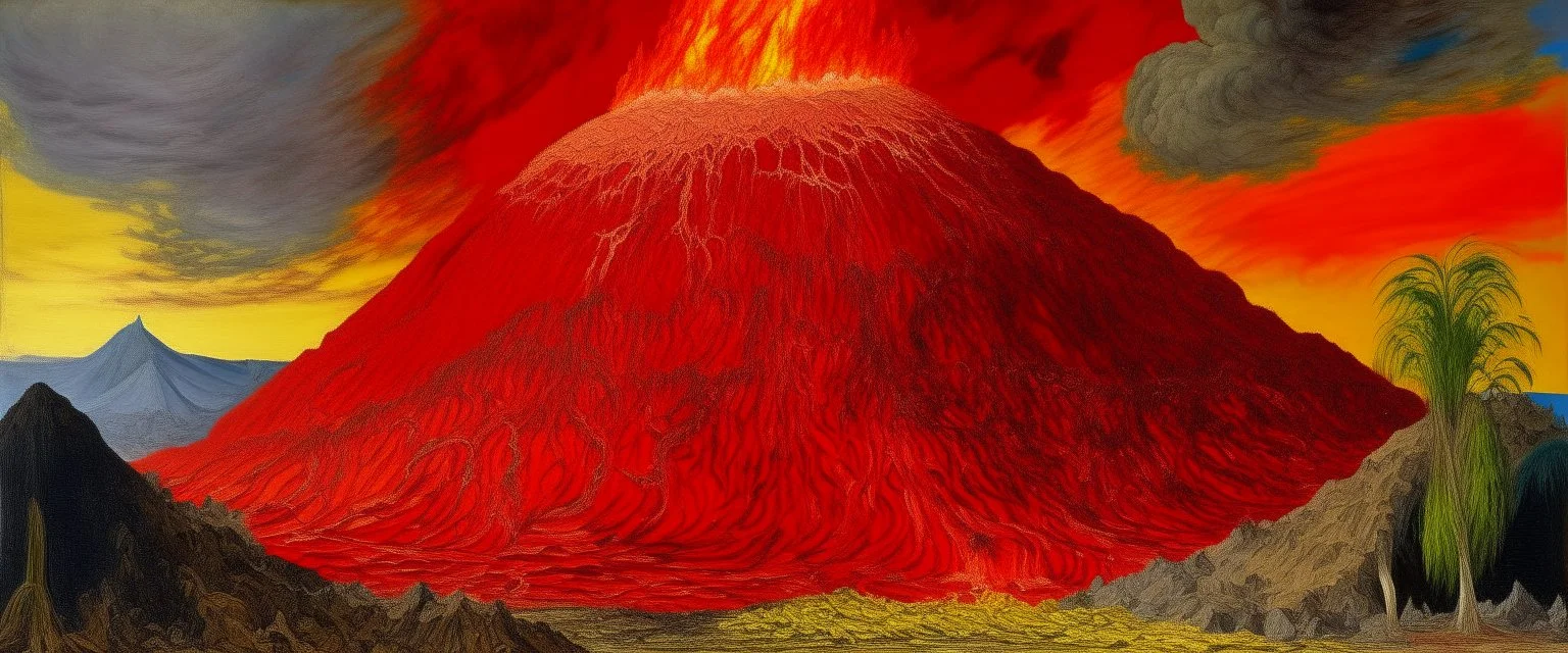 A red pyroclastic volcano spewing fire designed in ancient Greek mosaics painted by Claude Monet